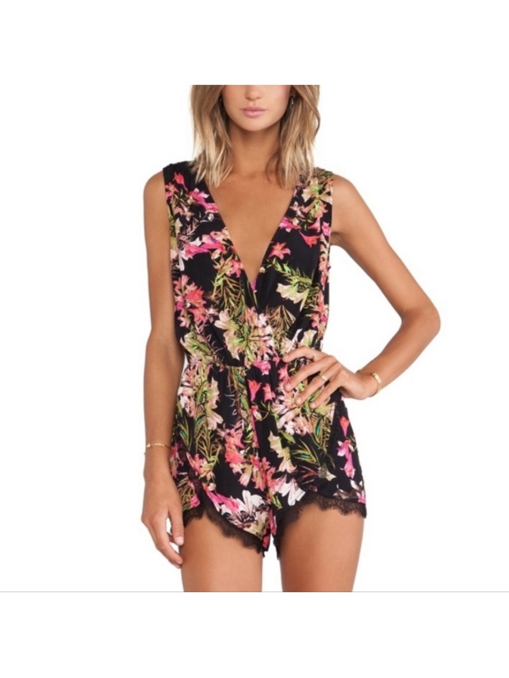 Lovers + Friends Can't Let Go Romper Jumpsuit Black Floral Lace, Size XS